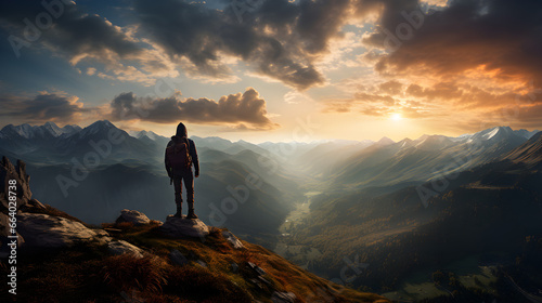 Summit Serenity, Hiker Embracing Breathtaking View on Apex Silhouette Cliffs © NE97
