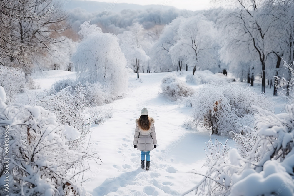 A lonely girl walks through a snowy park among frost-covered trees