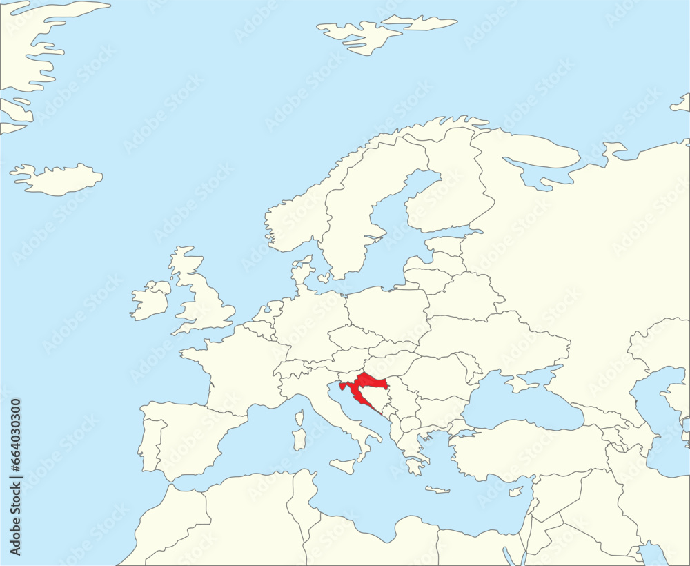 Obraz premium Red CMYK national map of CROATIA inside simplified beige blank political map of European continent on blue background using Winkel Tripel projection