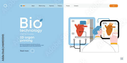 Bio Technology, 3D organ printing -modern flat vector concept illustration of 3D printer creating a human heart. Metaphor of technology in organ transplantation and the future of regenerative medicine