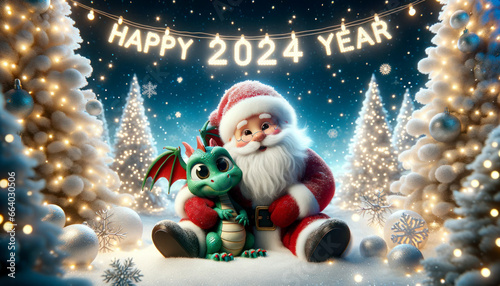 Santa Claus hugs a dragon against a backdrop of decorated Christmas trees in honor of the new year.