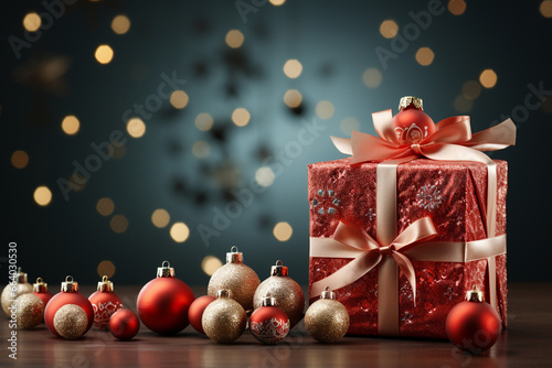 Background of christmas tree and red gift box on a christmas empty background with copy space