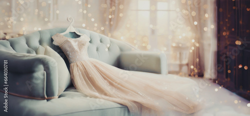 immagine con elegante abito da sera femminile adagiato su un divano, ambiente lussuoso e raffinato photo