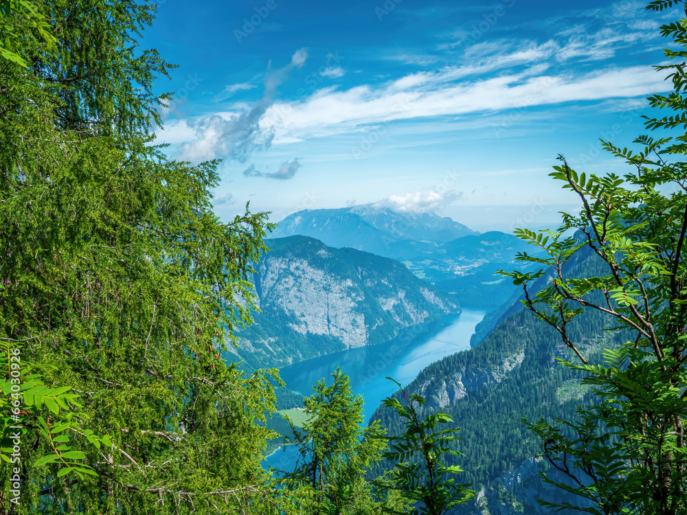 Königssee view from top to the Kings Lake which is embedded in a valley