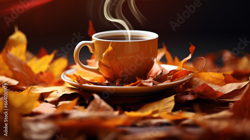 Hot autumn cup of tea and swirling vapor background