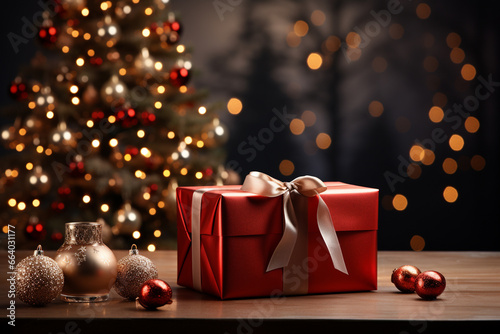  Background of christmas tree and red gift box on a christmas empty background with copy space