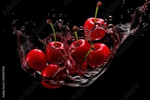Flying cherries and water on a black background