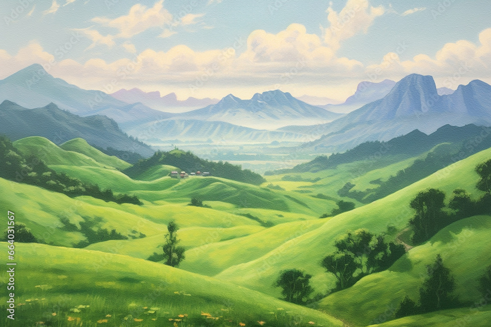 Verdant Majesty: Oil-Painted Mountains in a Green Landscape