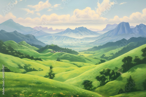 Verdant Majesty: Oil-Painted Mountains in a Green Landscape © AbstractHeisenberg