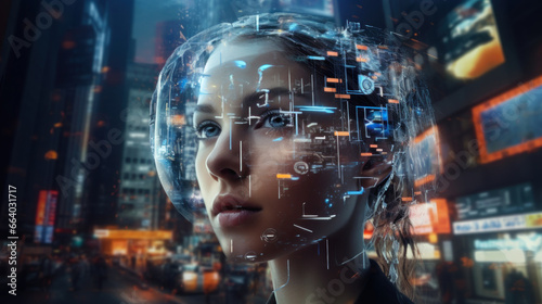 Potential of artificial intelligence in a futuristic setting, featuring sophisticated AI interfaces and human interaction. Innovative technologies