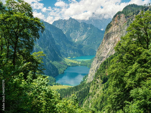 Königssee view from top to the Kings Lake which is embedded in a valley of mountains photo