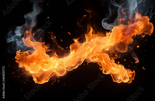 realistic fire sparks orange flame light and smoke on black background