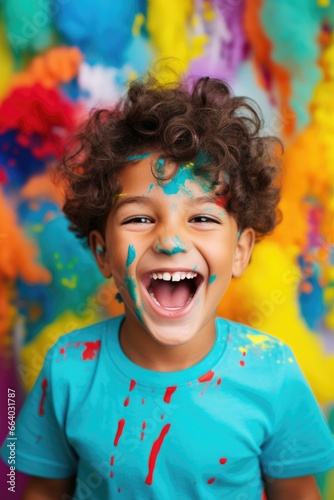 Happy and smiling child boy celebrating his birthday, vibrant colors