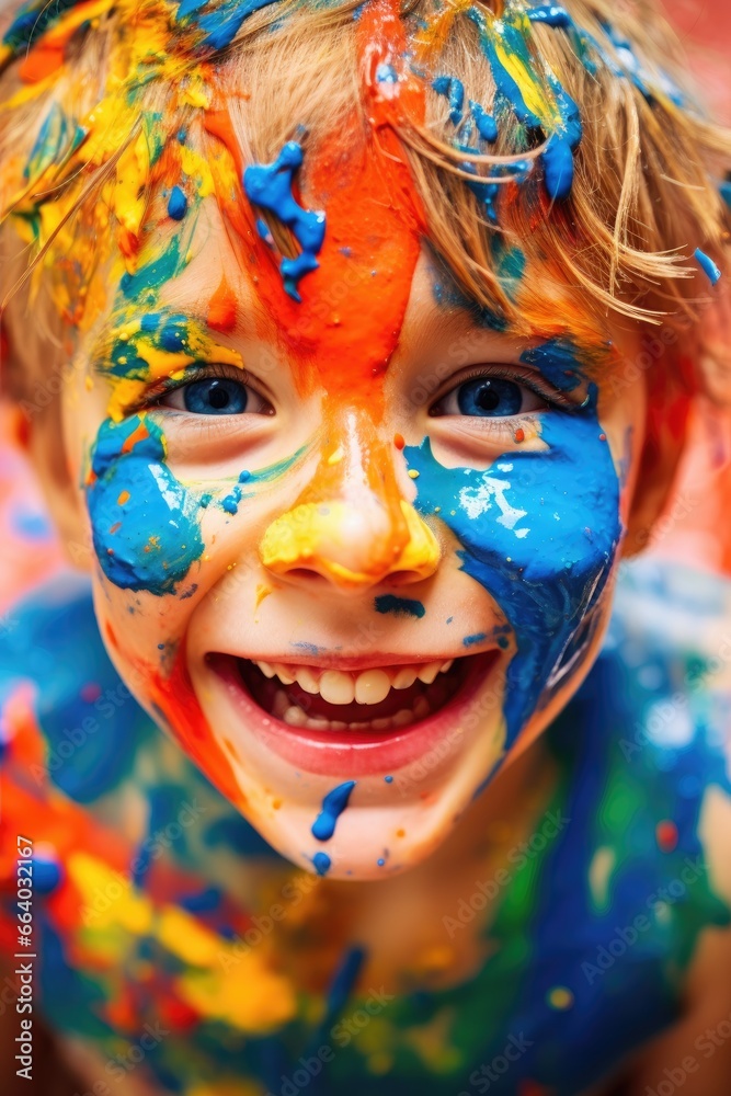 Happy and smiling child boy celebrating his birthday, vibrant colors