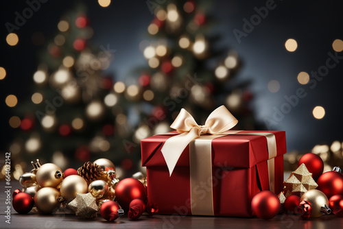 Ai Generative Background of christmas tree and red gift box on a christmas empty background with copy space