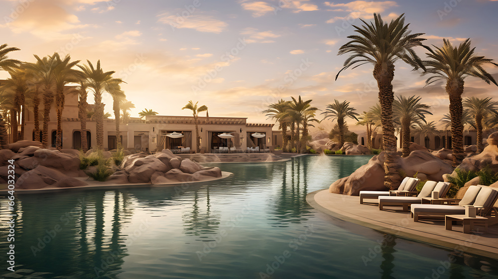 Obraz premium a desert oasis, with a pristine pool of water surrounded by palm trees and sand dunes, against a backdrop of clear desert skies, conveying the allure of desert landscapes