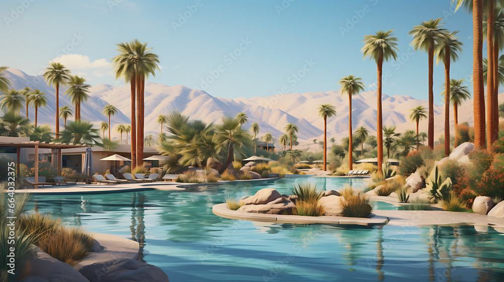 a desert oasis, with a pristine pool of water surrounded by palm trees and sand dunes, against a backdrop of clear desert skies, conveying the allure of desert landscapes