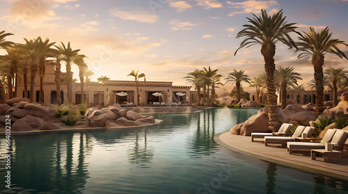 a desert oasis  with a pristine pool of water surrounded by palm trees and sand dunes  against a backdrop of clear desert skies  conveying the allure of desert landscapes