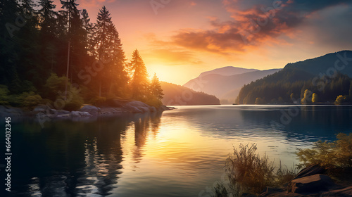 a calm lakeside scene at sunset, with tranquil waters reflecting the golden hues of the sky, surrounded by lush forests and distant mountains