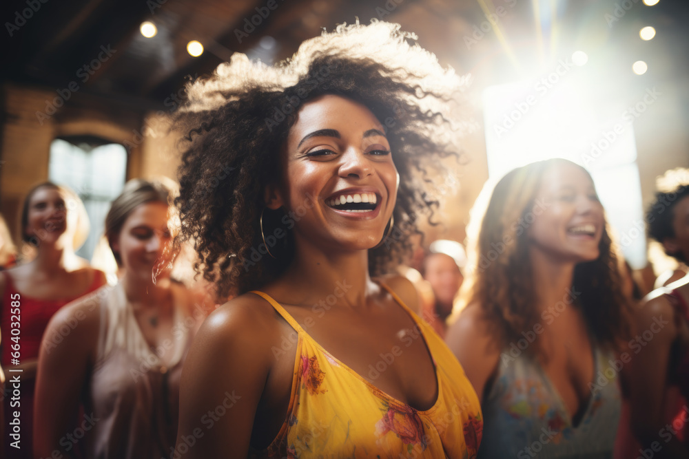 Group of mix race women dancing ecstatically, practicing yoga in the green house. Meditation in motion Group of mix race women dancing ecstatically, practicing yoga in the green house. Meditation in motion