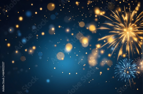 Beautiful gold and blue sky fireworks with bokeh in New Year and copy space. Abstract background holiday.