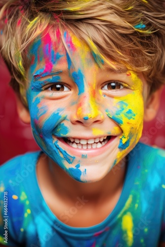 Happy and smiling child boy celebrating his birthday, vibrant colors