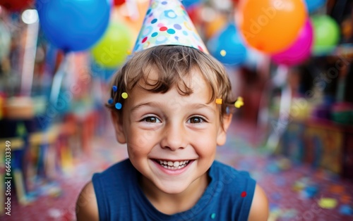 Happy and smiling child boy celebrating his birthday, vibrant colors