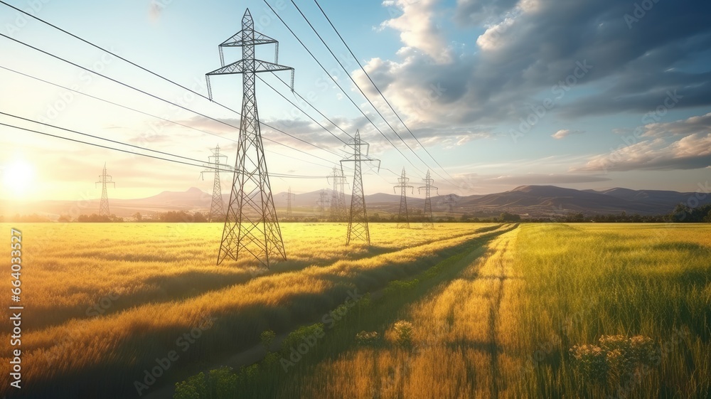 a straight row of high voltage pylons in the midst of a vast rural landscape, highlighting the long-reaching power lines disappearing into the horizon.