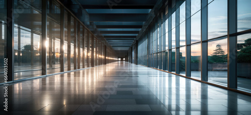 Perspective view of empty corridor in modern office building at sunset. High quality photo