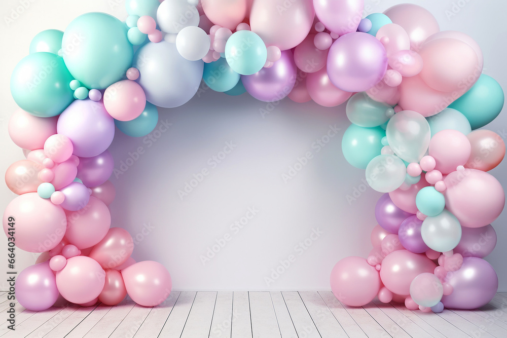 Helium balloons arch on pastel background. Wall decorated with colorful balloons for birthday party, baby shower, wedding. Mockup, template for greeting card. Composition with balloons, space for text