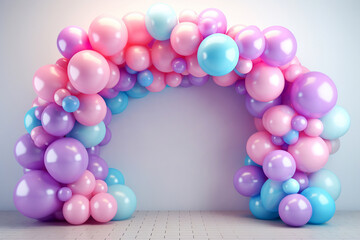 Helium balloons arch on pastel background. Wall decorated with colorful balloons for birthday party, baby shower, wedding. Mockup, template for greeting card. Composition with balloons, space for text