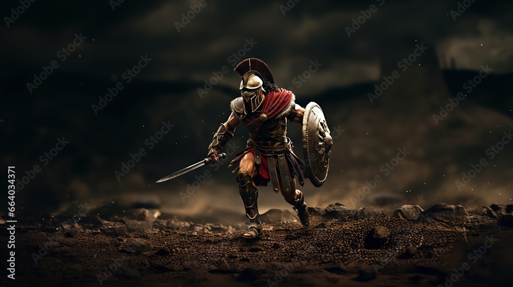 Generative AI, Realistic illustration of a fierce gladiator attacking