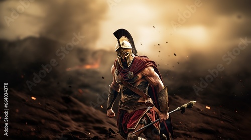 Generative AI, Realistic illustration of a fierce gladiator attacking, running. Armoured roman gladiator in combat wielding a sword charging towards his enemy.	
