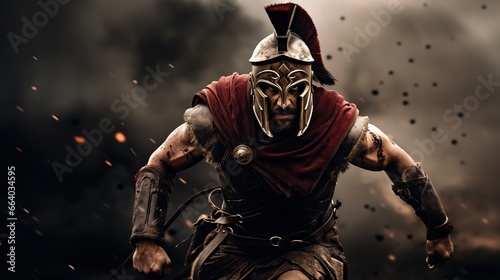 Generative AI, Realistic illustration of a fierce gladiator attacking, running. Armoured roman gladiator in combat wielding a sword charging towards his enemy. 