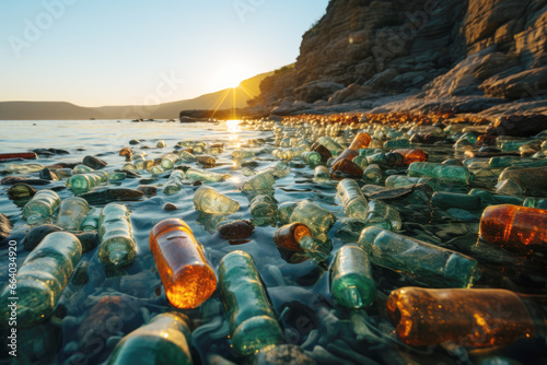 Pollution in ocean. Plastic bottles and waste washed up on a beach. Micro plastic sea pollution