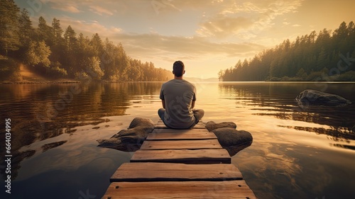a man sitting at the end of a weathered wooden pier, his feet dangling above the tranquil lake's surface, as he gazes thoughtfully into the distance. #664034995