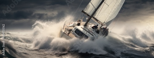 a yacht surging through the waves, wind billowing its sails, as the crew embarks on an exhilarating ocean adventure in a remote and pristine setting. photo
