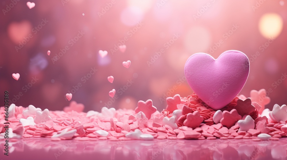 Fototapeta premium Starry Night Romance on Valentine's Day - Hearts and Glowing Background in Pink and Red Nubes