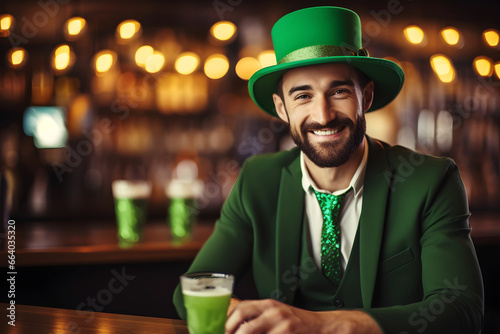 Young smiling man in work clothes and costume celebrating after work Saint Patricks Day in a local bar, man smiling in camera, Saint Patrick's day holiday concept
