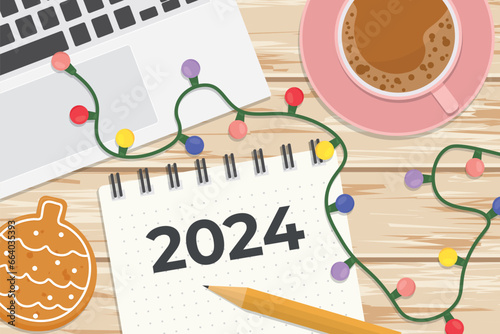 2024 written on spiral notebook, flat lay composition on wooden desk with gingerbread cookie, coffee, laptop, pencil and christmas lights- vector illustration