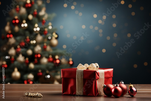 Ai Generative Background of christmas tree and red gift box on a christmas empty background with copy space © Syed Qaseem Raza