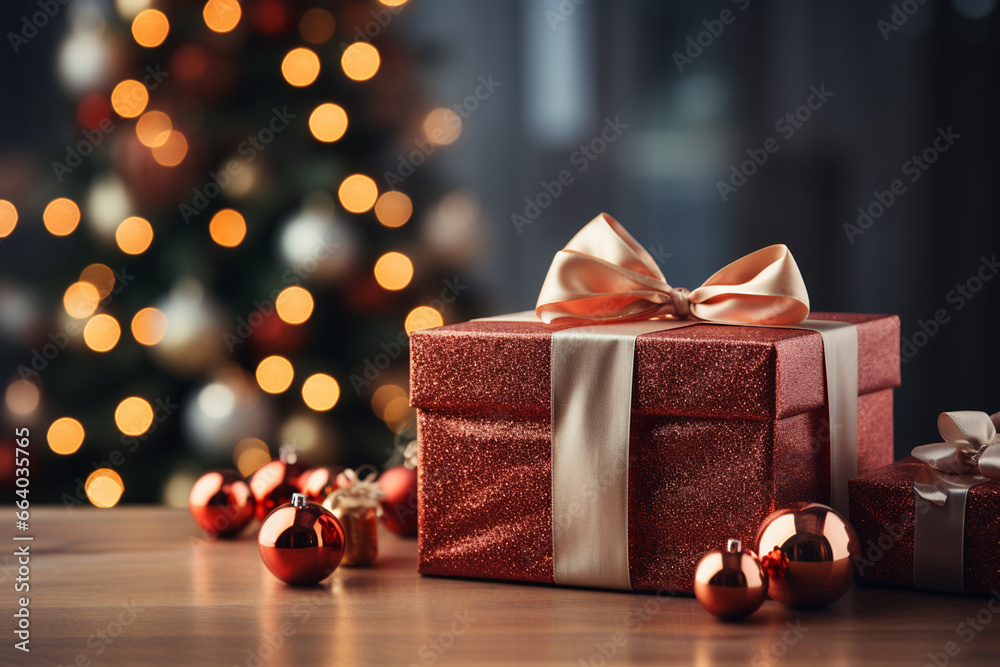Ai Generative Background of christmas tree and red gift box on a christmas empty background with copy space Ai Generative Background of christmas tree and red gift box on a christmas empty background with copy space