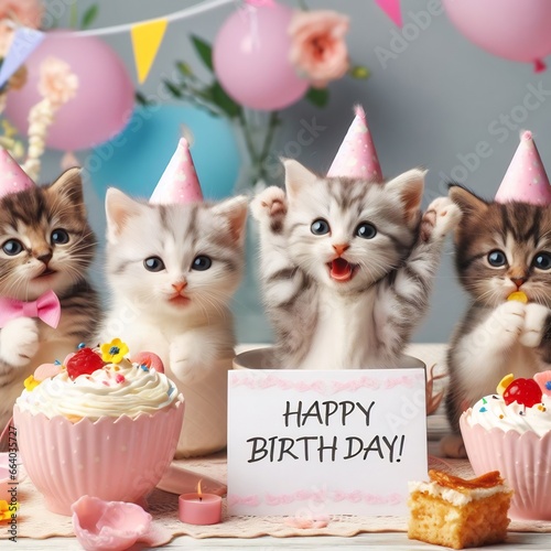Kittens with a party hat holding a 