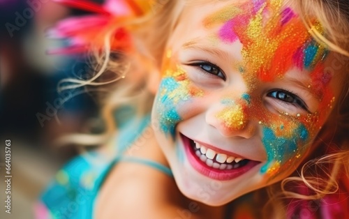 Happy and smiling child girl celebrating her birthday, vibrant colors