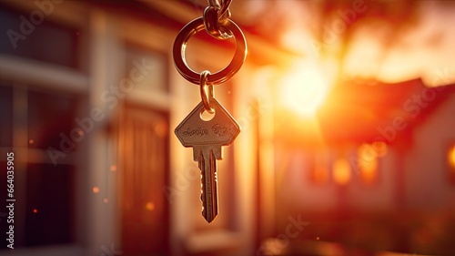 a landlord's key is being inserted into the lock of a house door. The keychain, dangling in the wind, bears the message Welcome Home, symbolizing a warm invitation to potential renters or buyers. © lililia