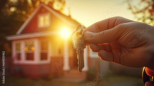 a landlord's key is being inserted into the lock of a house door. The keychain, dangling in the wind, bears the message Welcome Home, symbolizing a warm invitation to potential renters or buyers.