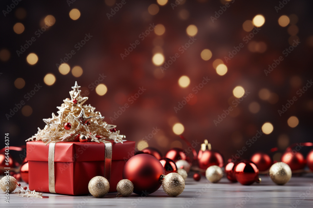 Ai Generative Background of christmas tree and red gift box on a christmas empty background with copy space Ai Generative Background of christmas tree and red gift box on a christmas empty background with copy space