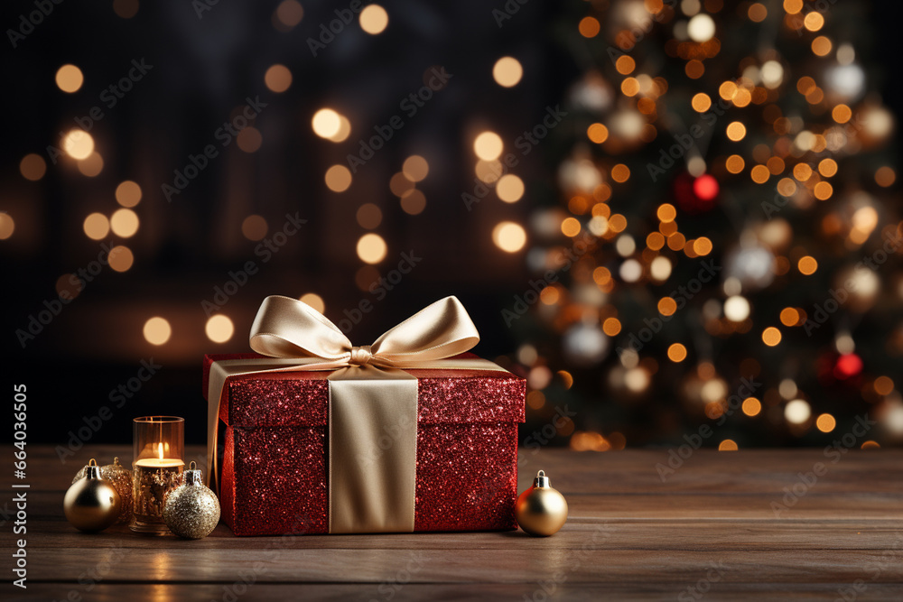 Ai Generative Background of christmas tree and red gift box on a christmas empty background with copy space Ai Generative Background of christmas tree and red gift box on a christmas empty background with copy space