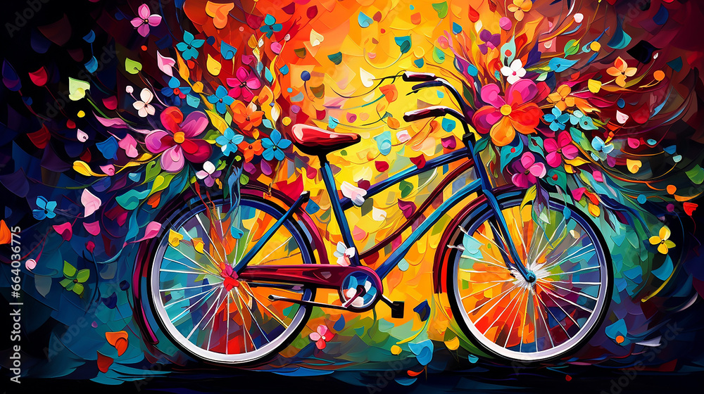 Fototapeta premium bicicleta abstrata colorida com flores nas cores alegres e vibrantes 