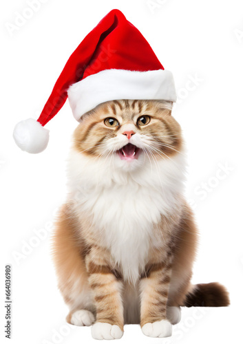 Happy cat with open mouth. Cat wearing a Christmas red hat. Isolated on a transparent background. © Honey Bear